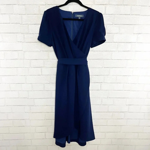Modcloth Navy Blue Faux Wrap V Neck Midi Dress Women's Size Medium - Picture 2 of 8